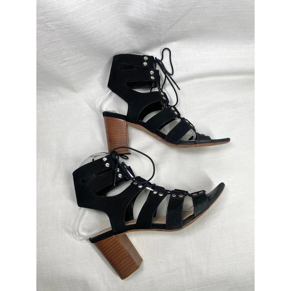 Loeffler‎ Randall Hana Lace-Up Gladiator Heeled Sandals Black Leather Size 7